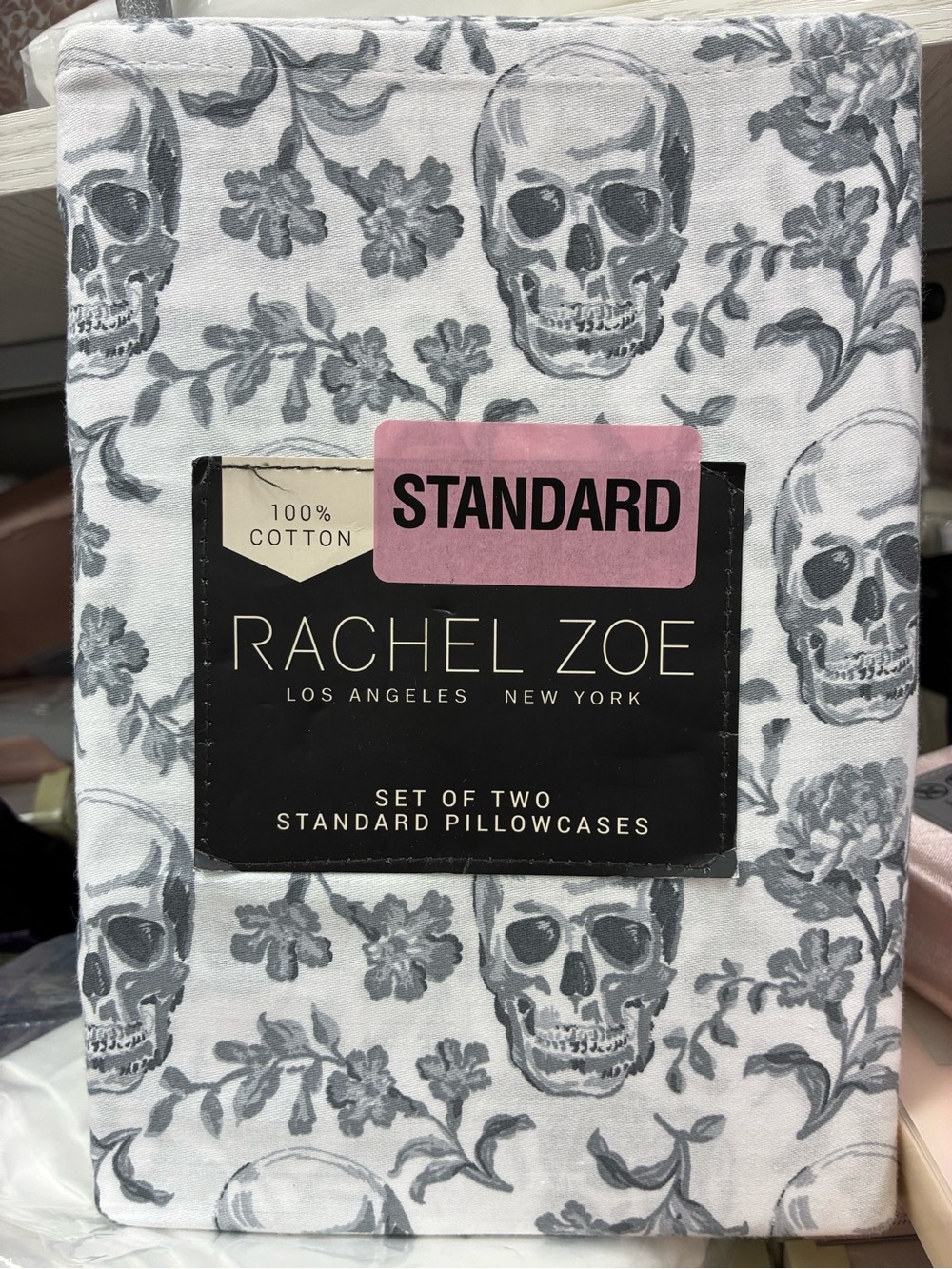 Rachel Zoe White Pillowcases with Gray Skull & Floral Print